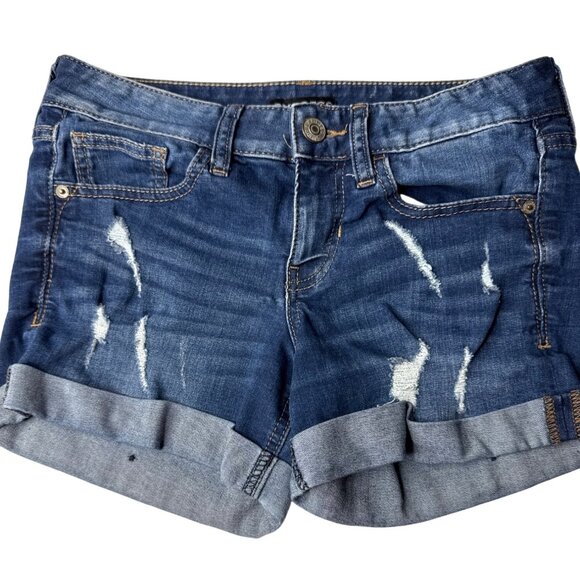 Express Womens Denim Midi Low Rise Distressed Shorts Size 4 - Picture 1 of 7